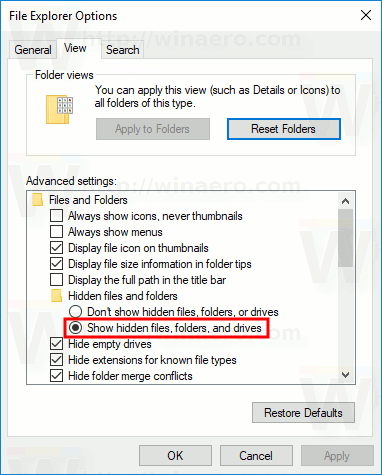 „Windows 10“ Rodyti paslėptų failų parinktis