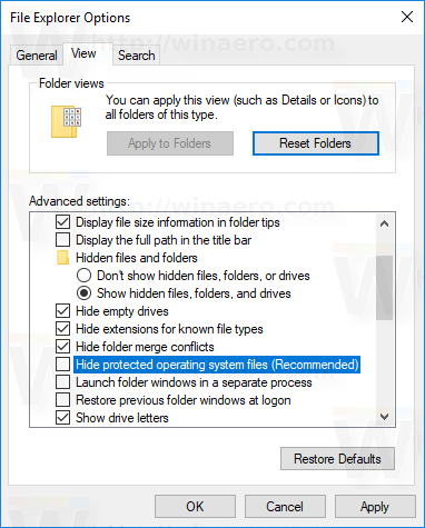 „Windows 10“ Rodyti slėpti apsaugotus failus