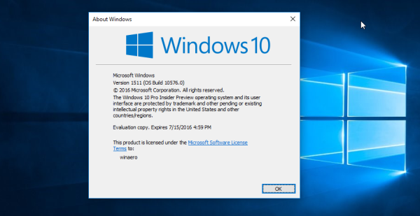 Windows 10 koontiversio 10576 Winver