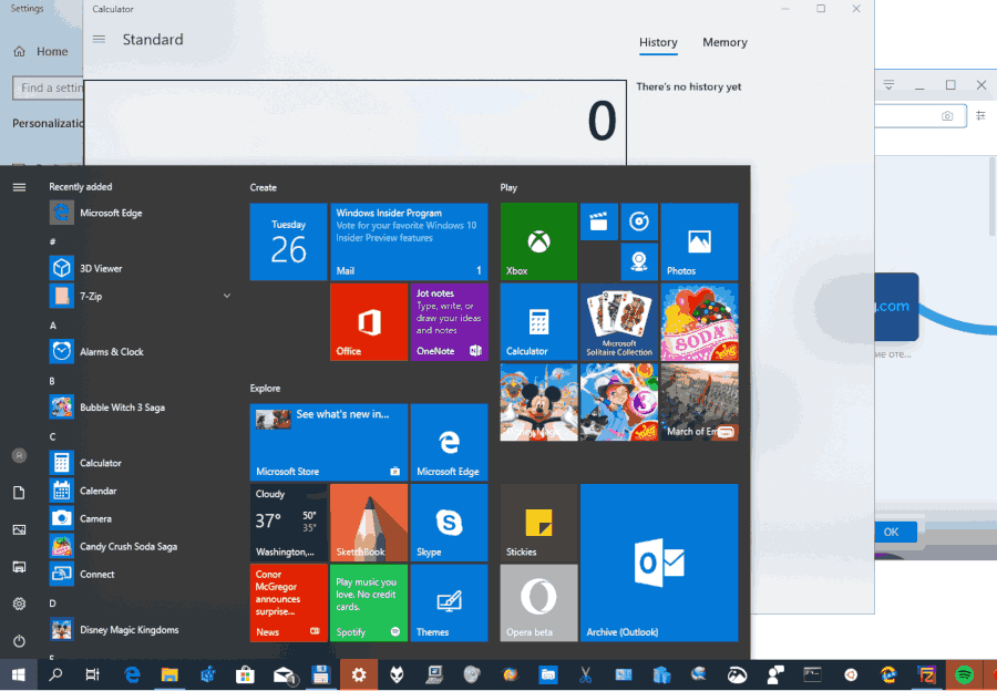 Windows 10 Käynnistä-valikko Avaa sovellukset taustalla