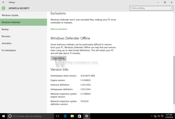 Analyse hors ligne de Windows 10 Defender