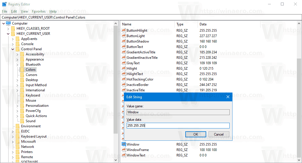 Windows 10 aknaraami värvi vaikeväärtus 2