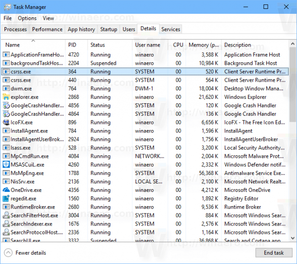 Tab chi tiết trình quản lý tác vụ Windows 10