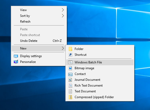 Menu contextuel du fichier de commandes Windows 10 New-Windows en action