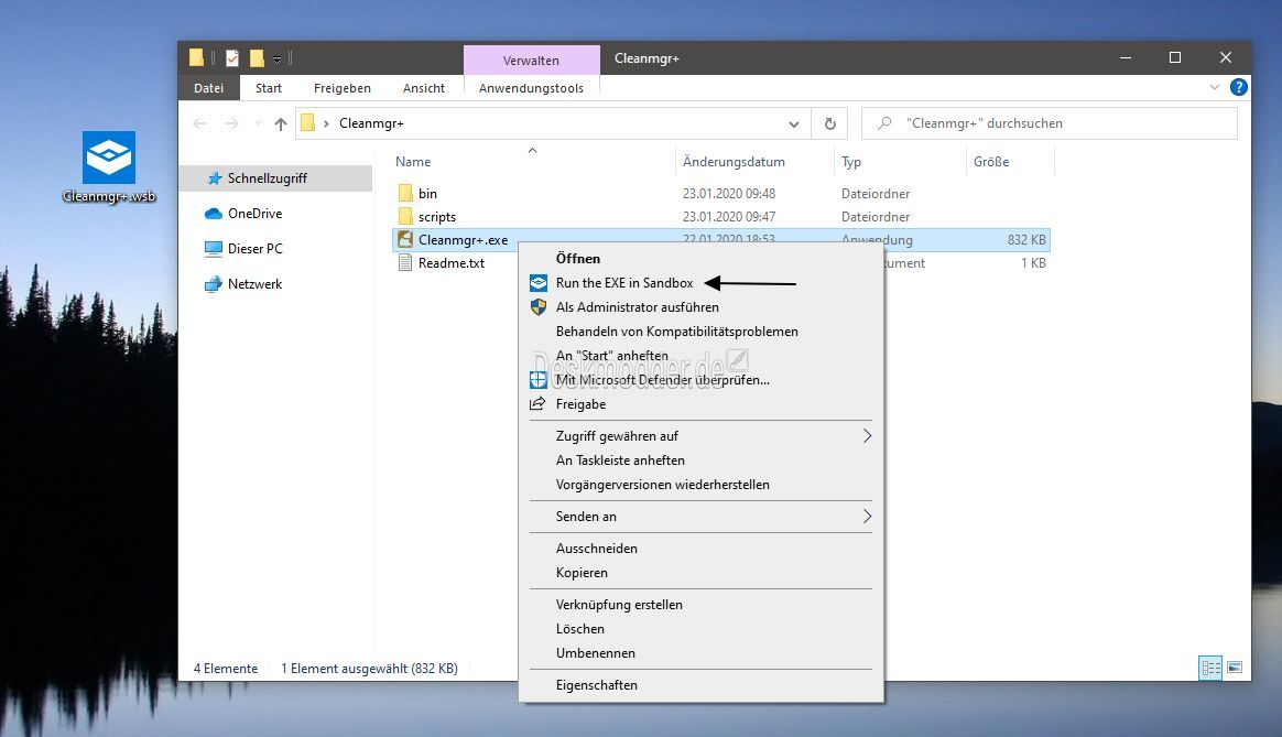 Sandbox kurulumlarını doğrudan bağlam menüsü aracılığıyla çalıştırın Windows Sandbox 004