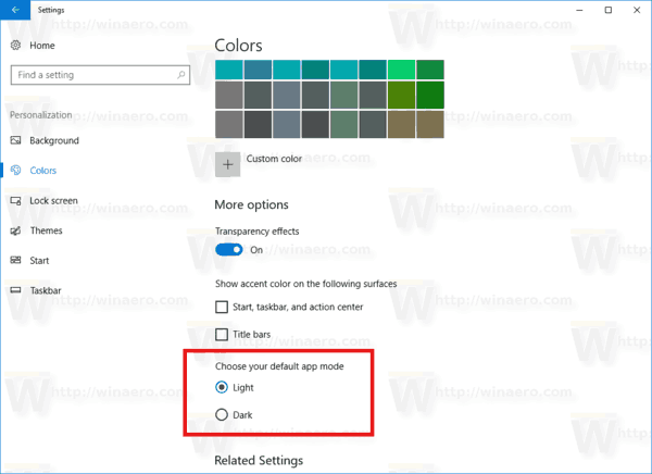 Mode App dans les paramètres Couleurs Windows 10