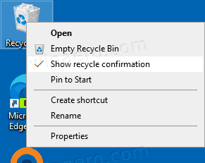 Corbeille Afficher le menu contextuel de confirmation de recyclage