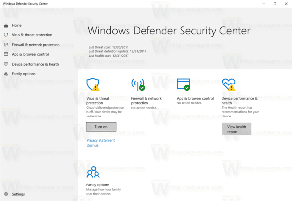 Dodajte Windows Defender na upravljačku ploču u sustavu Windows 10