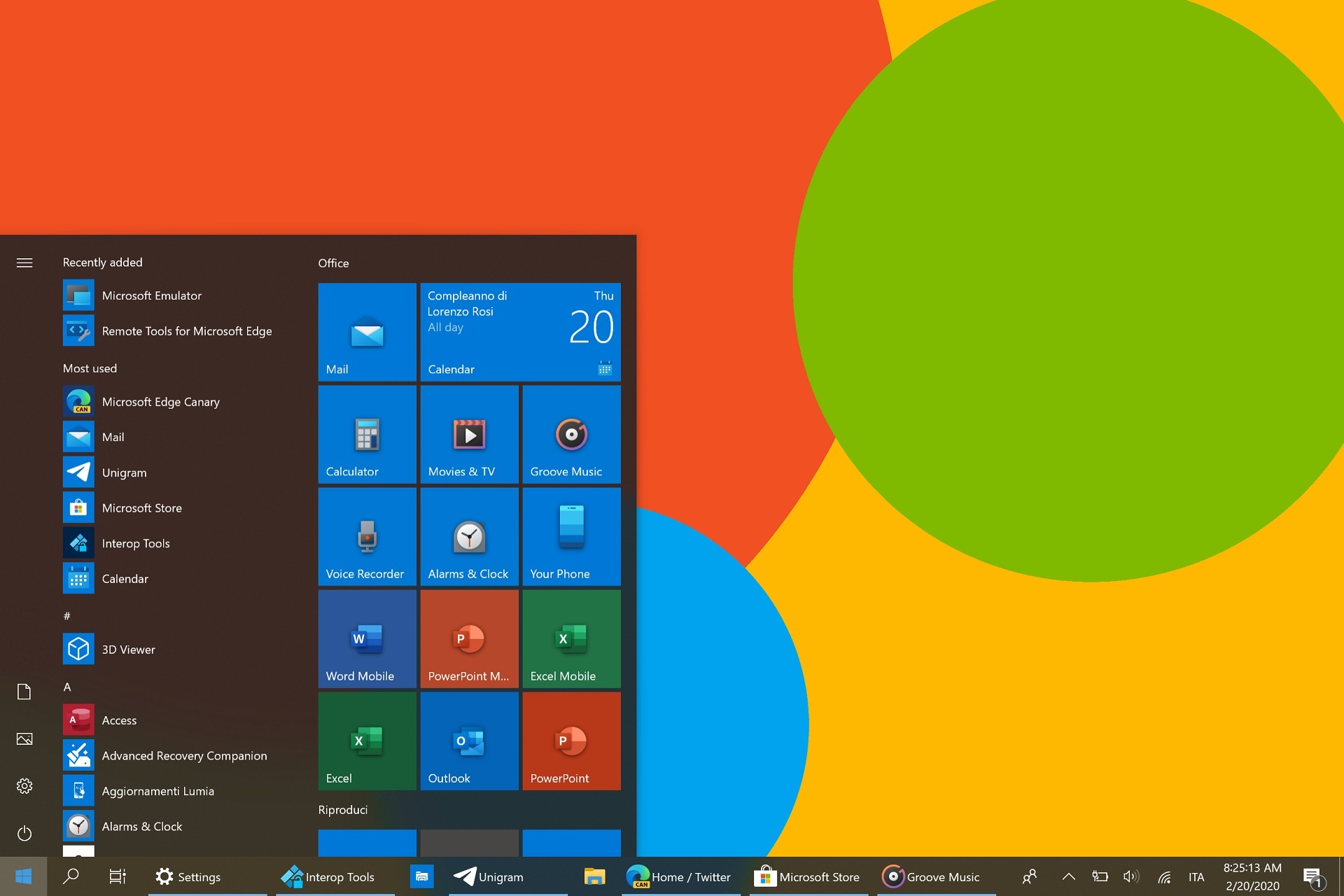 Icônes colorées de Windows 10 dans le menu Démarrer