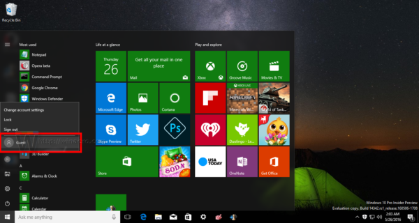 Windows 10 -käyttäjätilin Käynnistä-valikko