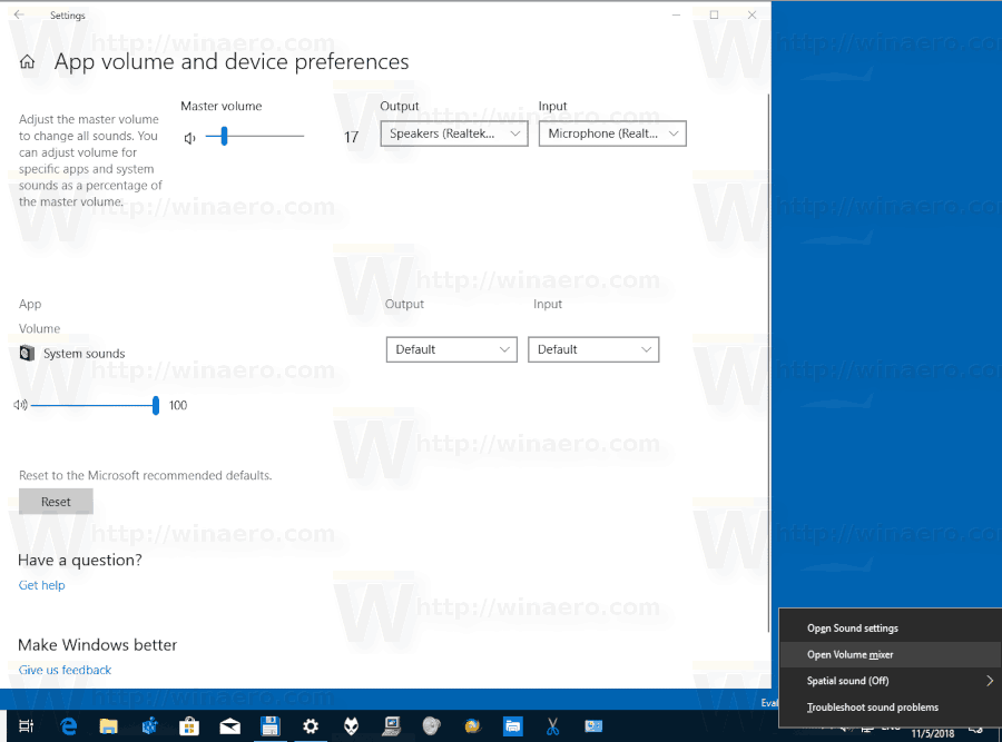 Mélangeur de volume Windows 10 Build 18272