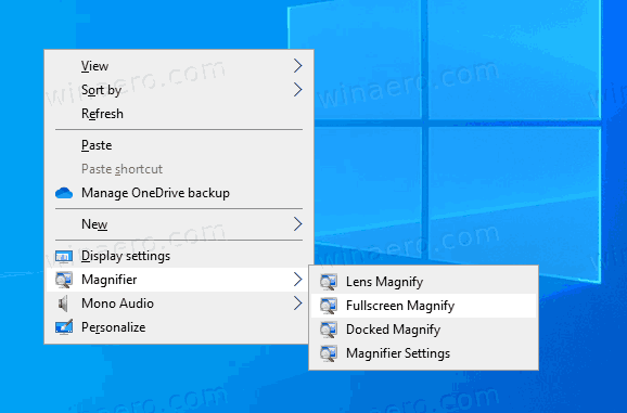 Menu contestuale della lente di ingrandimento di Windows 10