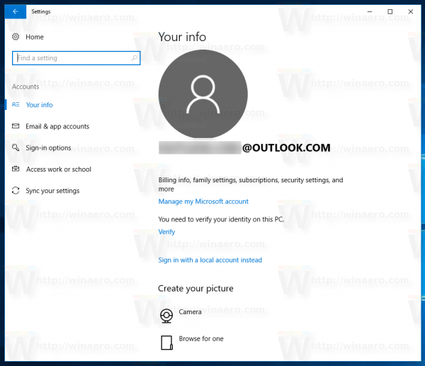Esempio di account Microsoft di Windows 10