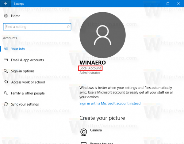 „Windows 10“ vietinės paskyros pavyzdys