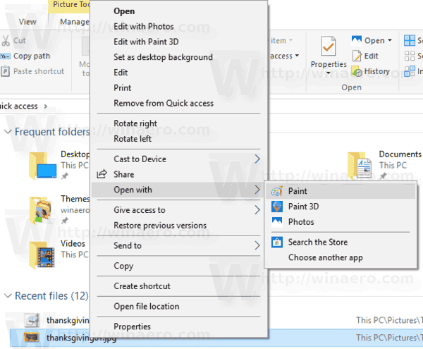 Άνοιγμα με μενού Windows 10