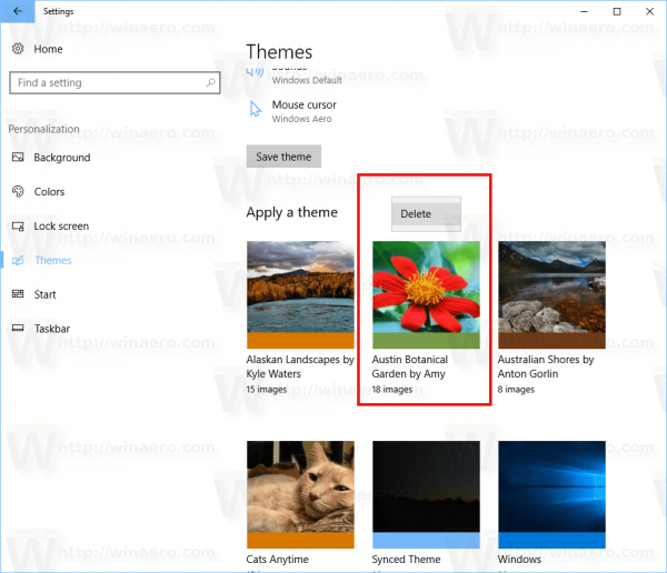 Windows 10 Delete Theme στον Πίνακα Ελέγχου