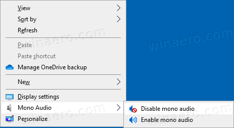 Menu contextuel audio mono de Windows 10