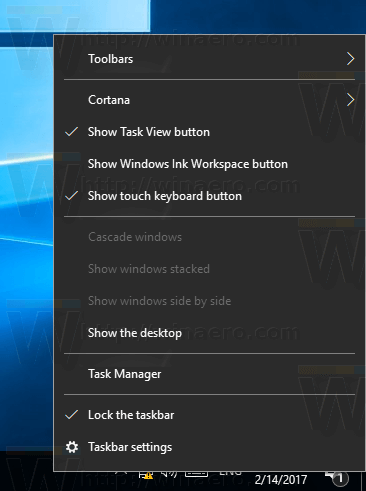 Windows 10 검색 작업 표시 줄 컨텍스트 메뉴