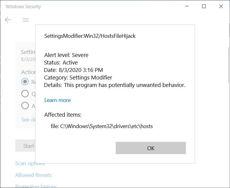 Microsoft Defender oznacza plik Hosts