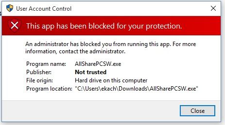 Windows 10 Den här appen har blockerats för ditt skydd