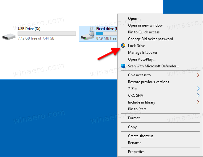 Meniul contextual Windows 10 BitLocker Lock Drive