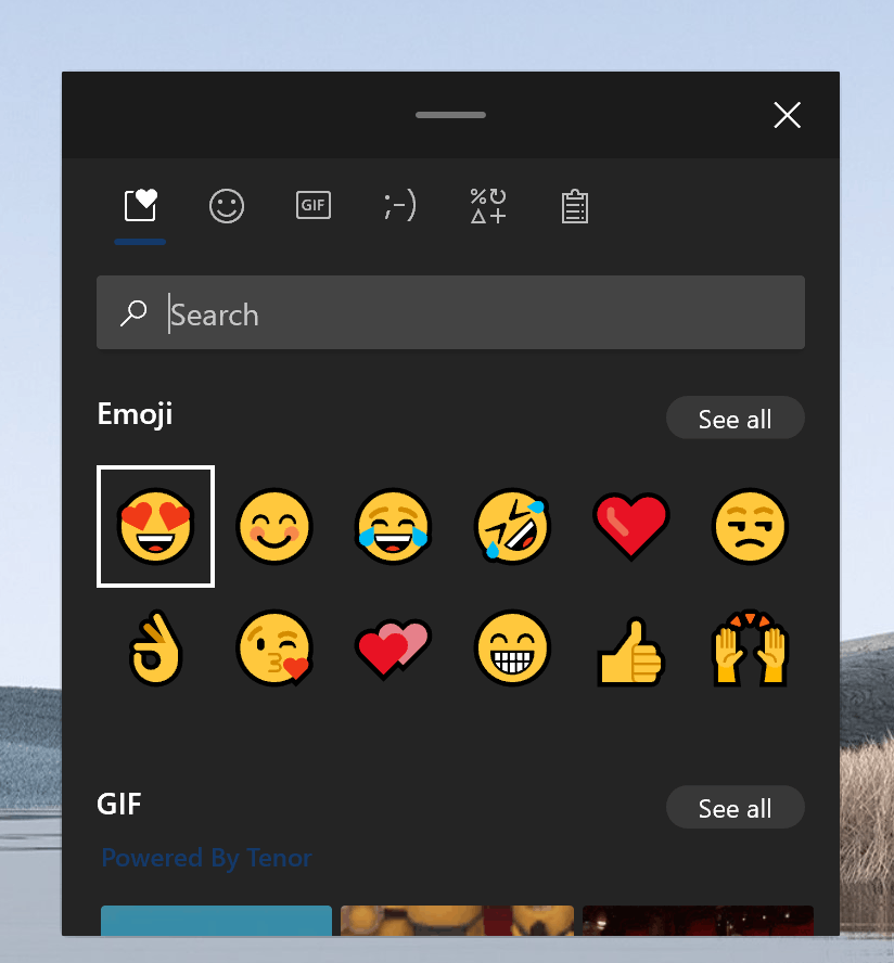 Panel Emoji del teclado táctil de Windows 10X