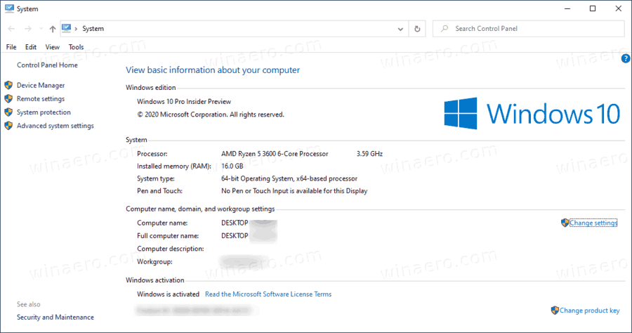 Windows 10 시스템 속성 대화 상자