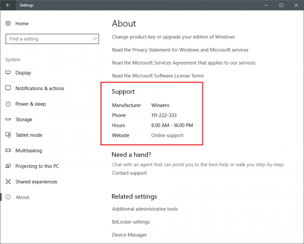 Windows 10 Informació del nou valor de cadena d’OEM