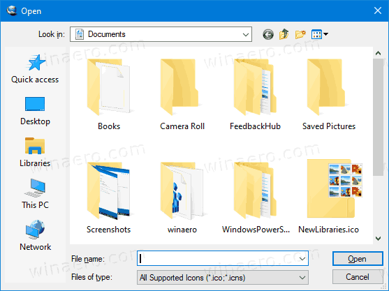 Boîte de dialogue Fichier commun par défaut de Windows 10