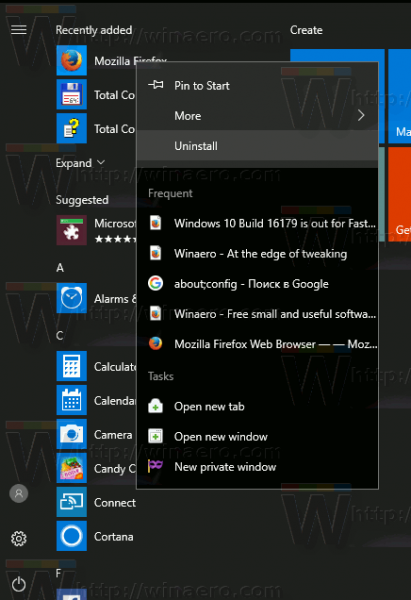Windows 10 desinstallige menüü Start