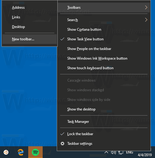 Windows 10 Utwórz nowy pasek narzędzi