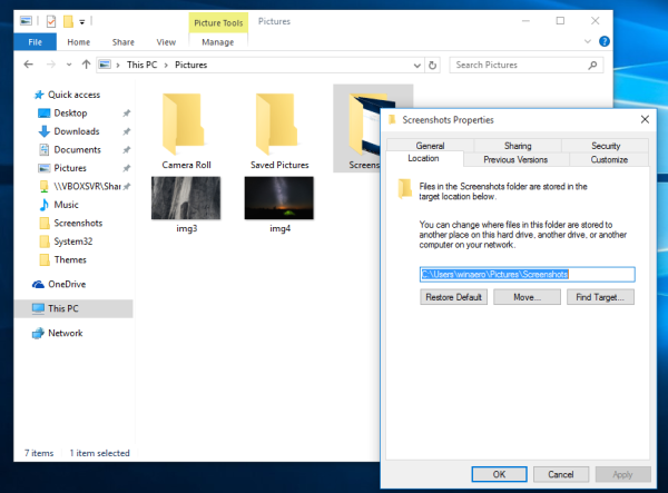 Windows 10 endrer plassering av skjermbilder