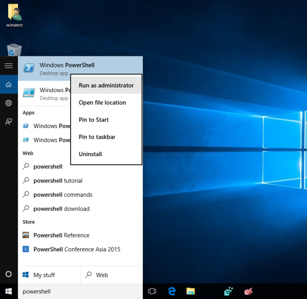 Windows 10 powershell은 관리자 권한으로 실행됩니다.