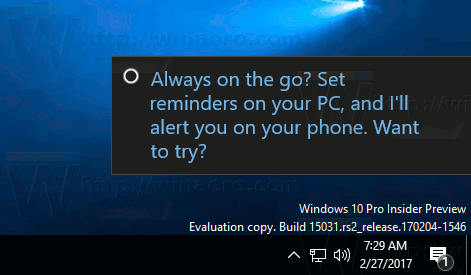 „Windows 10“ skrebučių pranešimo pavyzdys