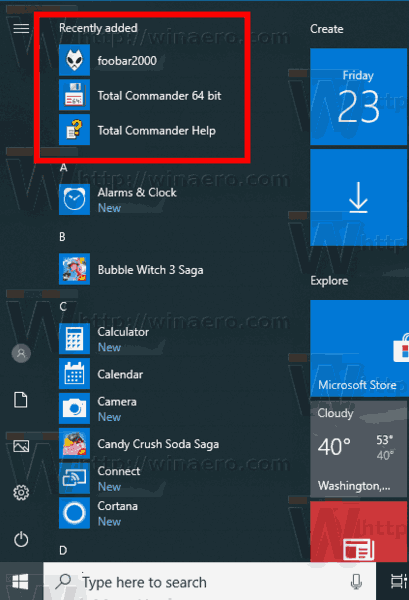 Windows 10 Aplicacions afegides recentment al menú Inici