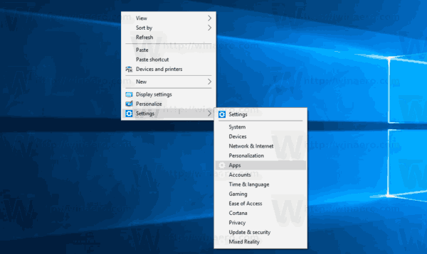 Pridať nastavenia Kontextová ponuka Windows 10