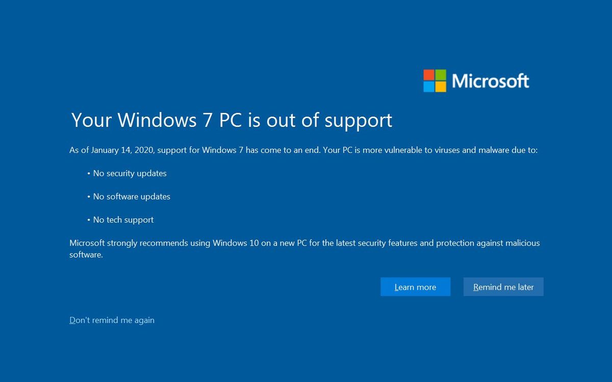 Annonce de fin de support Windows 7