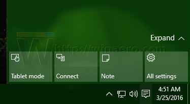 Pequeno padrão do centro de ação do Windows 10