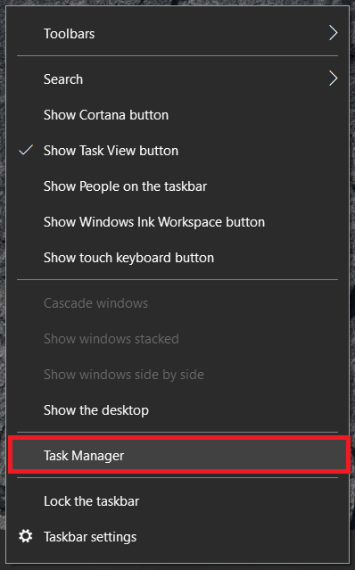 Windows 10 Taskbar Menu
