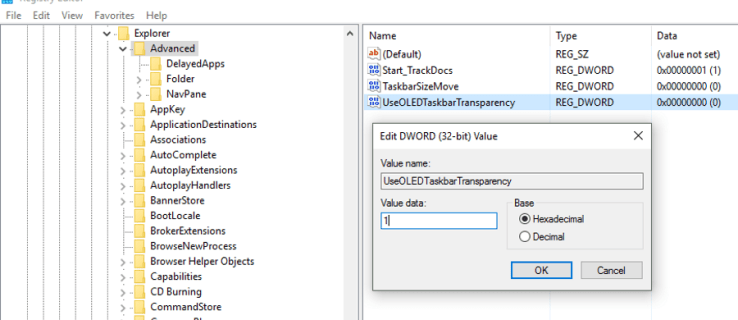 Как да конфигурирам прозрачна лента на задачите в Windows 10