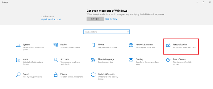 Windows Personaliseer instellingenpagina.