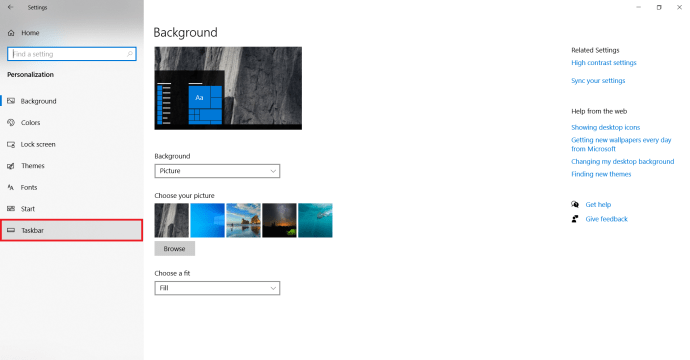 Instellingenpagina van de Windows-taakbalk.