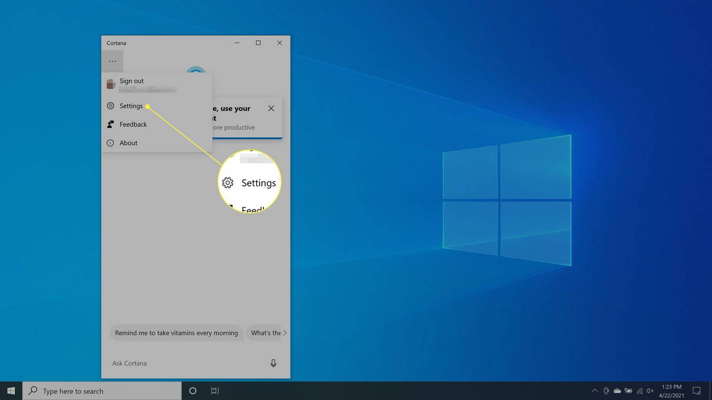 Memilih Pengaturan di aplikasi Cortana di Windows 10.