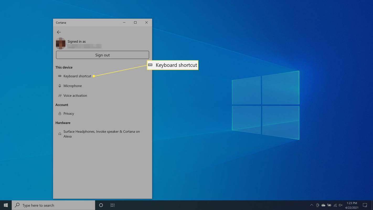 Sélection du paramètre de raccourci clavier dans Cortana sous Windows 10.