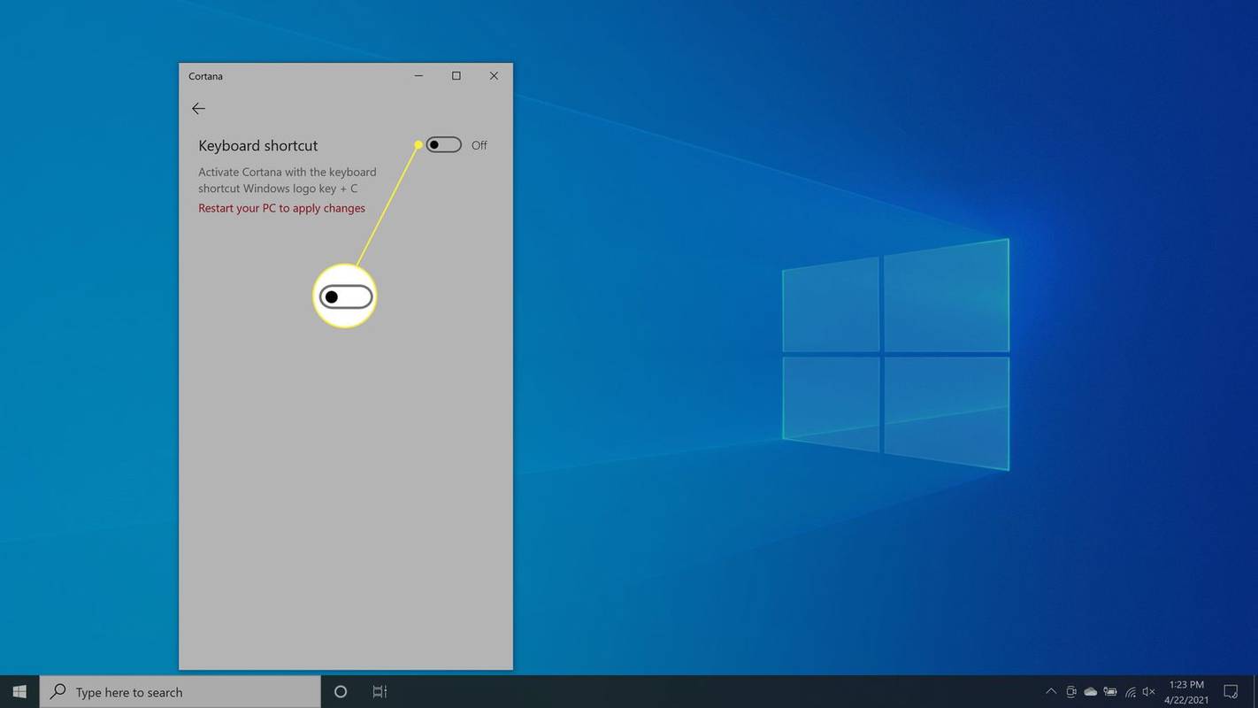 Desactivar la configuración de método abreviado de teclado en Cortana.