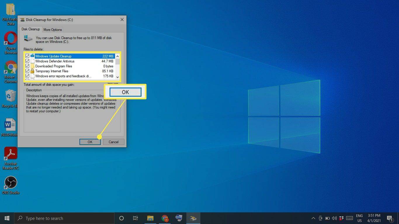 Windows-Datenträgerbereinigung mit Systemdateien zum Löschen und