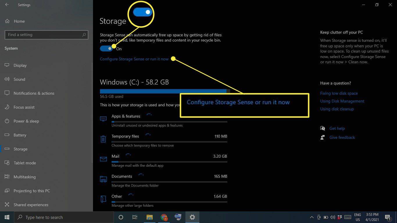 Preklop Windows 10 Storage Sense in