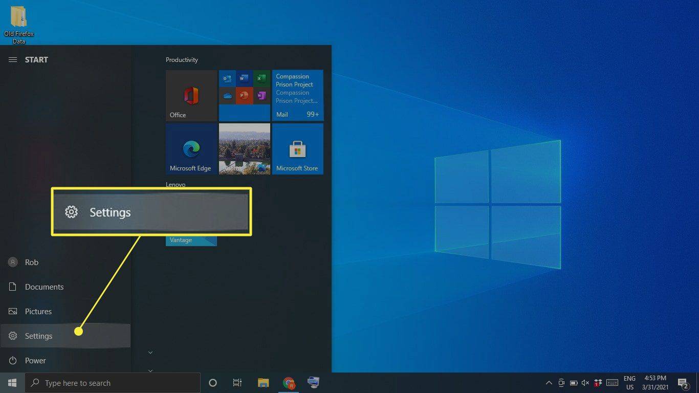 Indstillinger fremhævet i Windows 10 Start-menuen