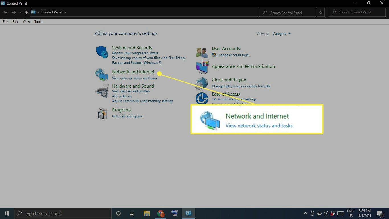 Netværk og internet fremhævet i Windows Kontrolpanel