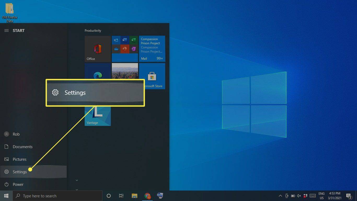 Mga setting na naka-highlight sa Windows 10 Start menu